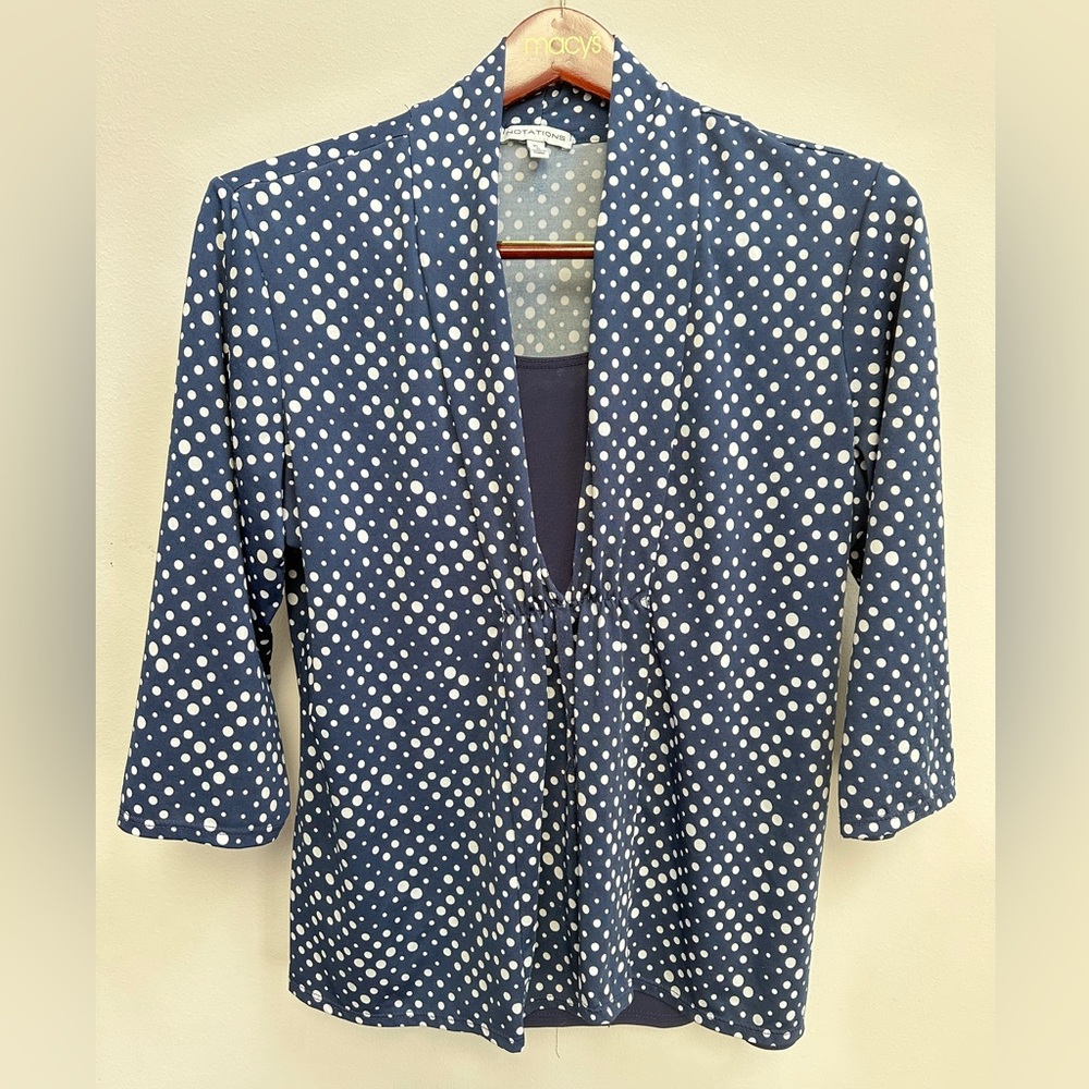 notations navy blue white Polka dot layered blouse top size XL